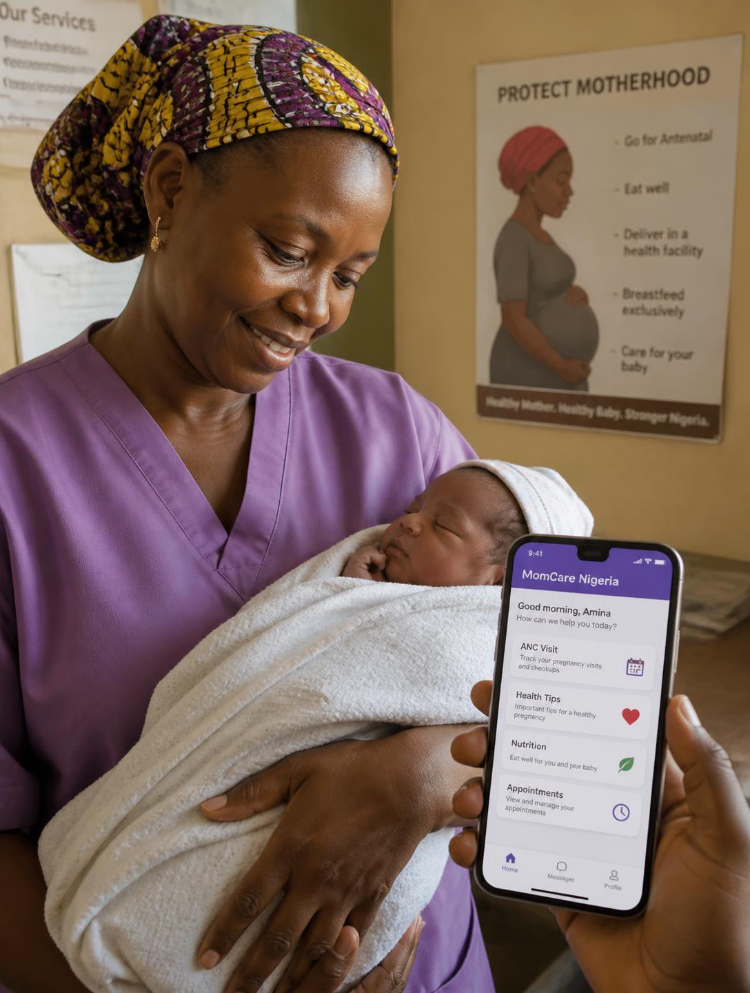 A Nigerian midwife holding a newborn with a maternal health app visible on a smartphone